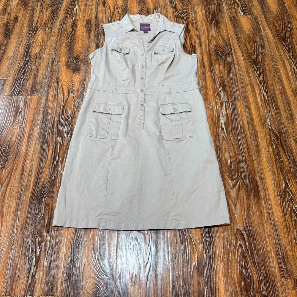 Gloria Vanderbilt 16 Utility Dress Womens Tan Khaki Sleeveless Cargo Button Up